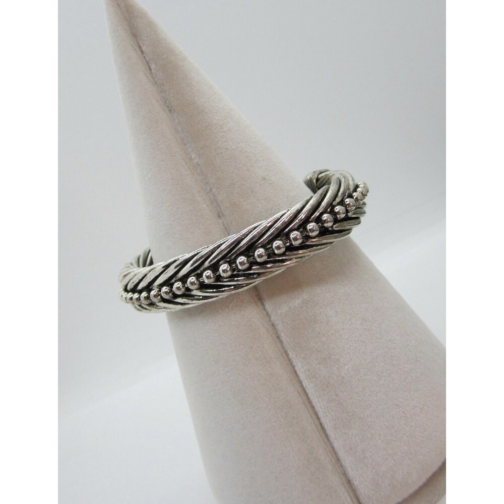 Silver Tone Braid Cuff Bracelet Beading Detail Oxidized Finish